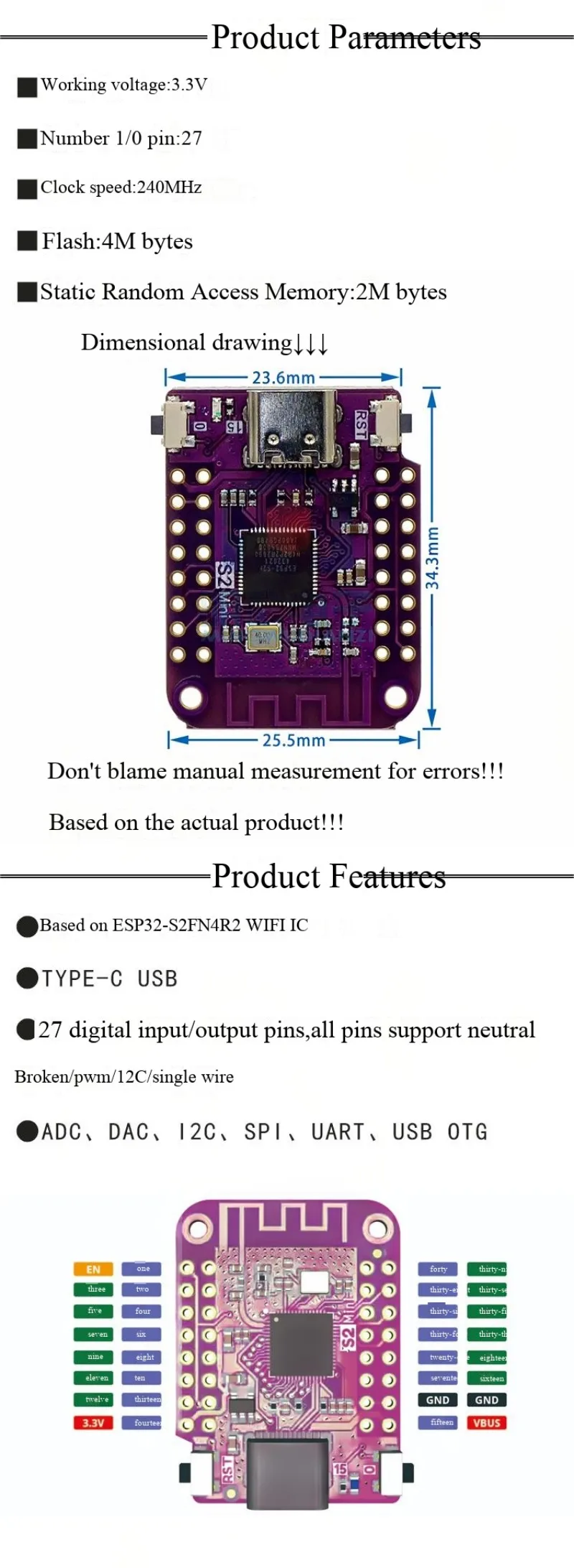 S2 Mini V1.0.0 ESP32-S2 4MB FLASH WIFI Entwicklungsboard – Detail 2