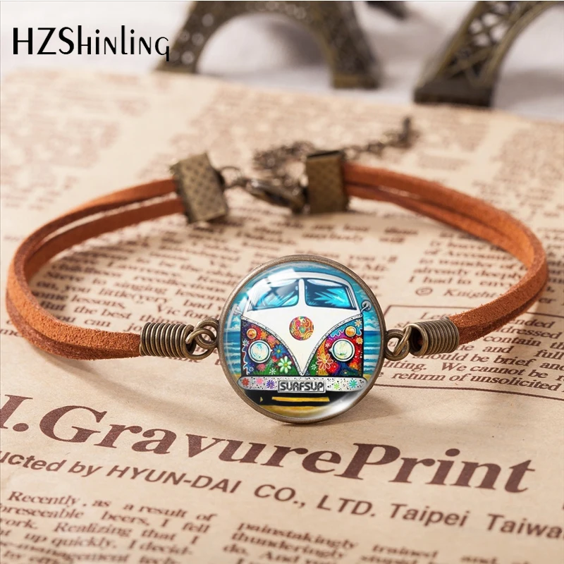 2023 New Hippie Peace Car Pattern Leather Bracelet Art Accessories Glass Cabochon Fashion Jewelry Gift