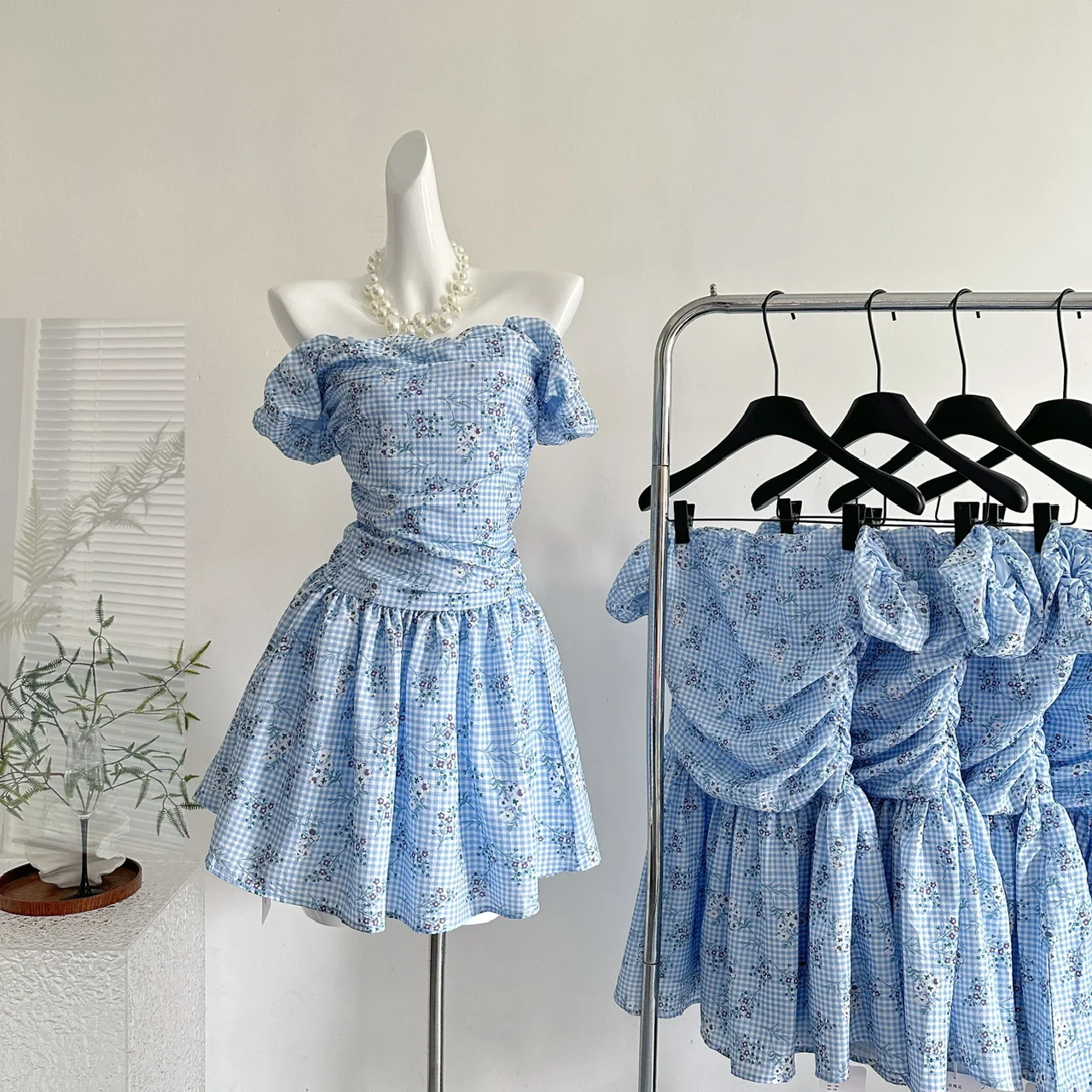 

Summer Women Korean Graduation Shoujo 2000s Floral Pattern Dress Mini Off Shoulder Frock A-line One-Piece Evening Party Coquette