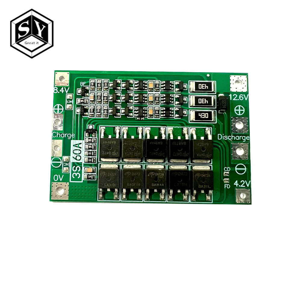 3S 60A Balance MOS D472 Li-ion Lithium Battery Charger Protection Board 18650 BMS For Drill Motor 11.1V 12.6V/14.8V With Balance