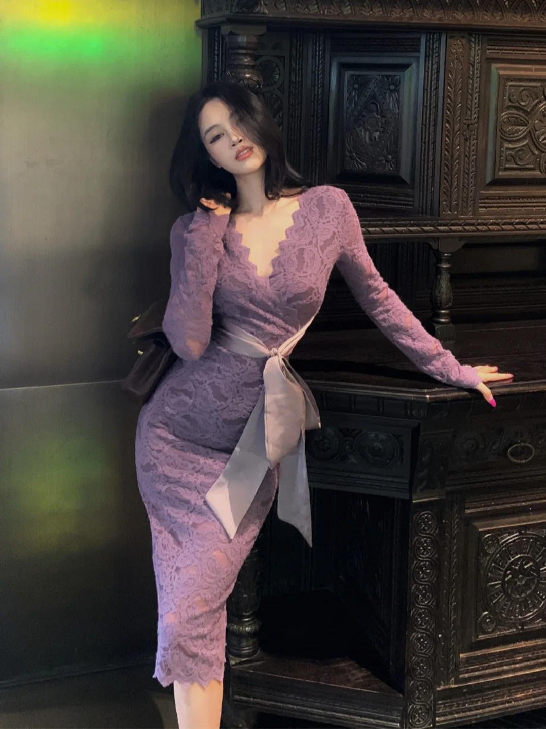 

Sexy Lace V-ne Belted Bodycon Dr Women's Ele Lady Waist-cinching Long Sve Autumn Winter Ciwalk Skirt