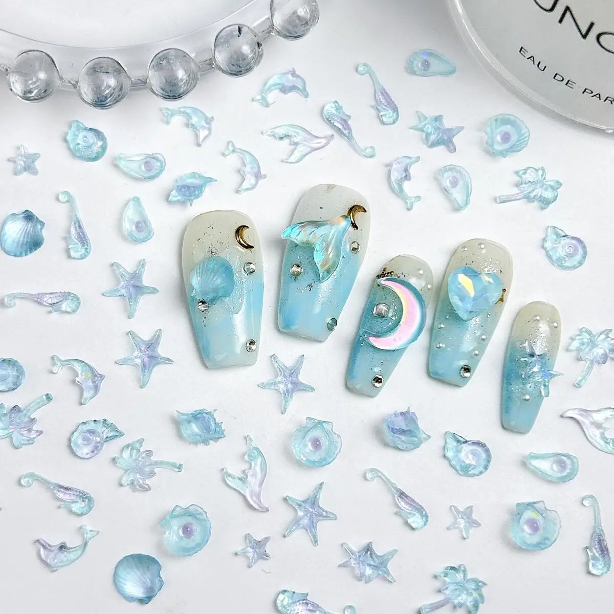 

Dreamy Blue White Shell Fishtail Resin Nail Charms 3D Fine Sparkling Dolphin Starfish Ocean Series Nail Art Decorations for DIY