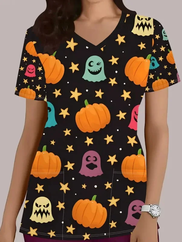 Damen-T-Shirt mit Cartoon-Motiv, Halloween-Medizin-Uniform, kurzärmelig, für Zahnärzte und Krankenschwestern, Arbeitsuniform mit Taschen, klinische Uniform. – Detail 5