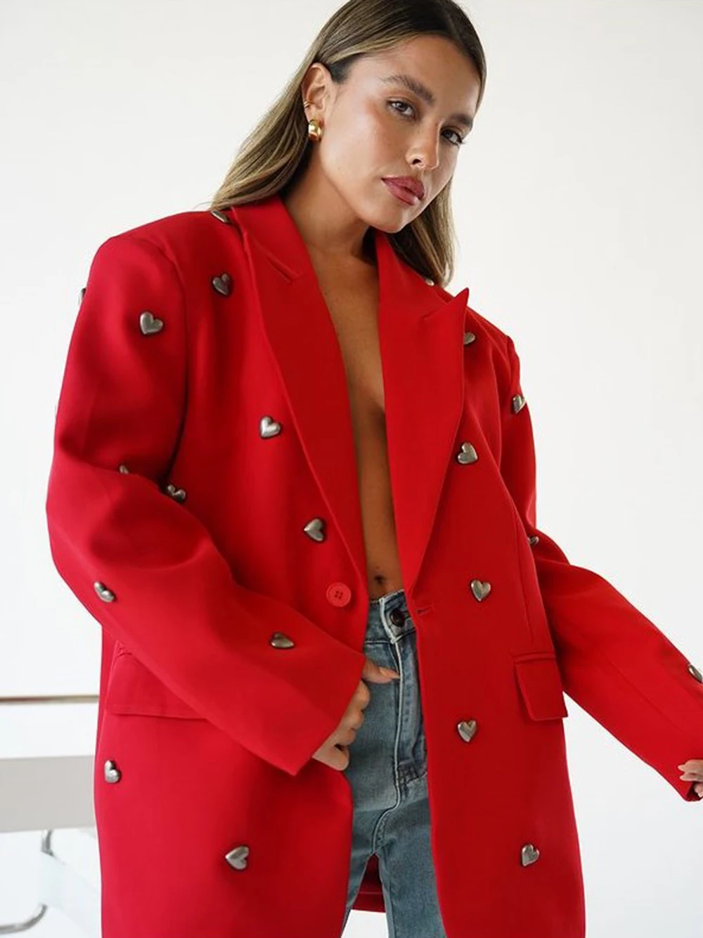 Modphy Autumn Blazer Women 2024 New Fashion Heart decoration Loose Temperament Coat One Button Suit Jacket Female