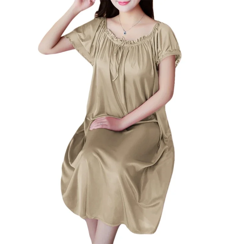 Womens Summer Lace Ice Silk Nightdress Short Sleeve Loose Nightgown XL