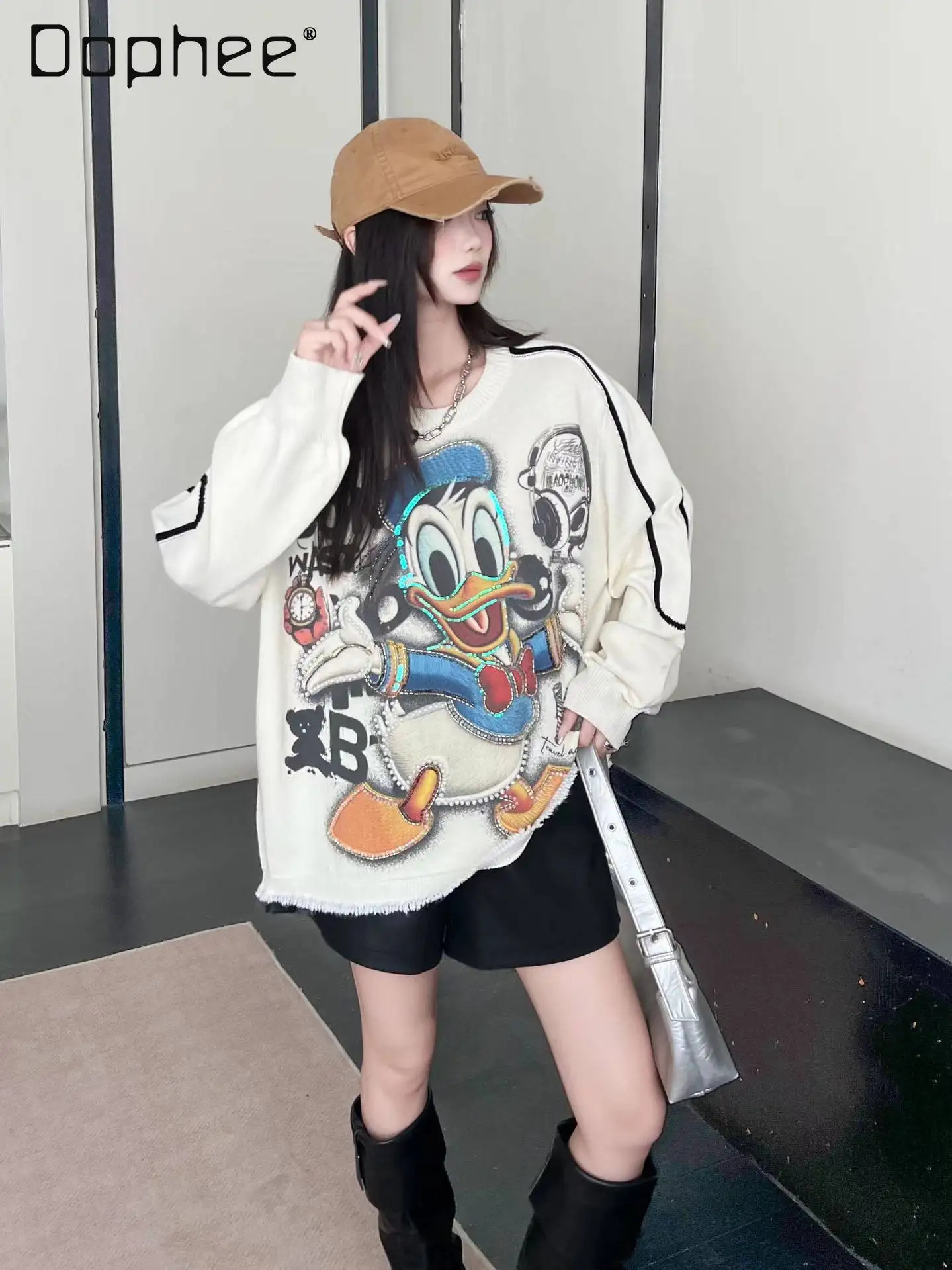 

Женский вязаный свитер с длинными рукавами и круглым вырезом с мультяшным принтом, свободный свитер на весну и осень