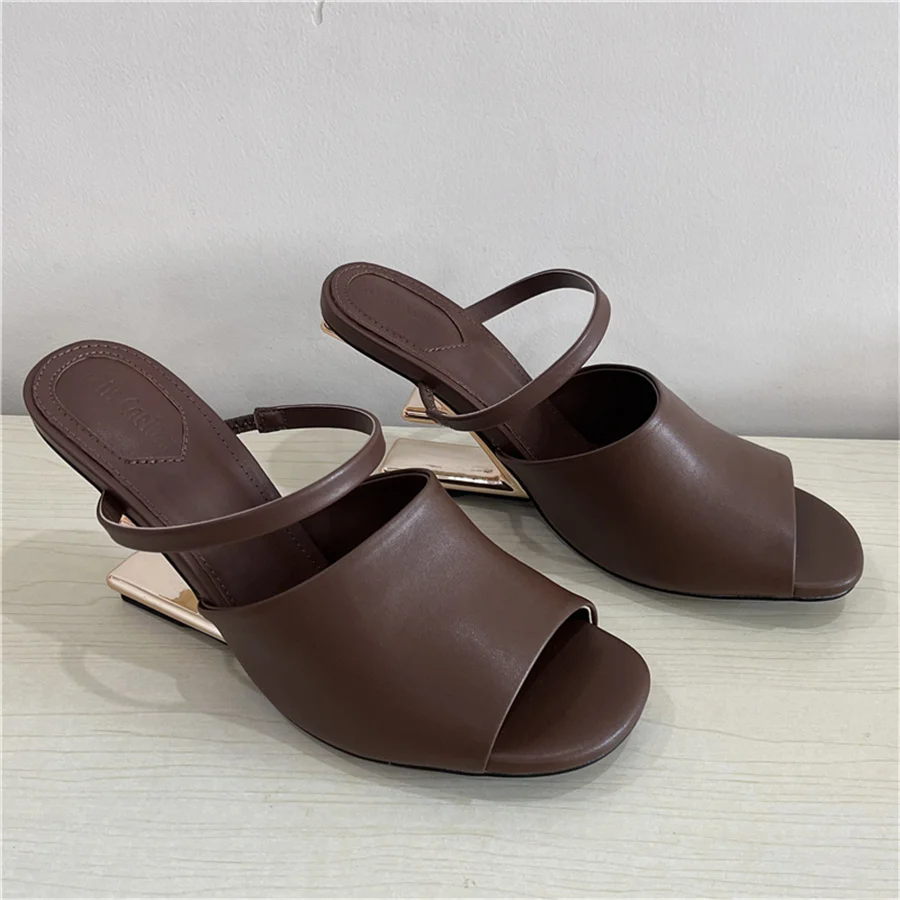 Designer Brown Women Slippers Sexy Peep Toe Dress Pumps 2024 New Summer Outdoor Mules High Heel Sandals Wedge Shoes Woman