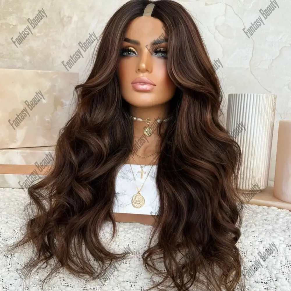 Hightlight Brown Loose Wave 26 inch V Part Wigs 100% Human Hair Preplucked Glueless U Part Wigs Human Hair Wig  European Hair