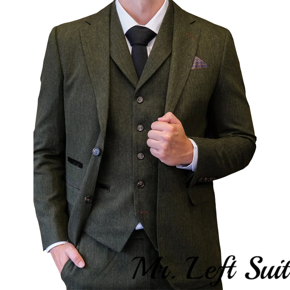 

Men‘s Suits 3 Pieces Green Wool Tweed Herringbone Business Retro Notch Lapel Classic Tuxedos For Wedding Blazer Pants Vest