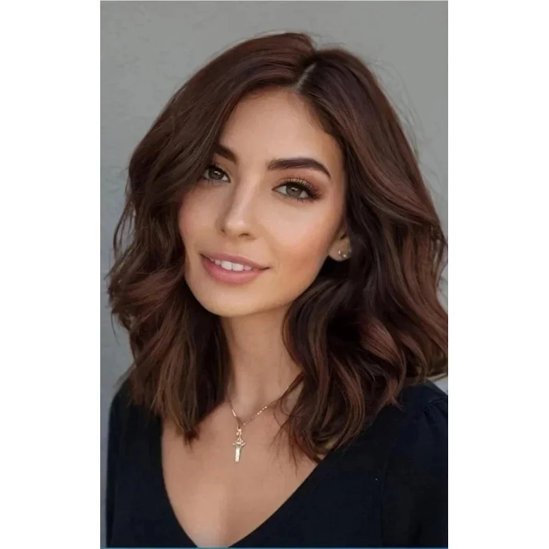 

100% Human Hair New Fashion Charm Women's Medium Brown Wavy Full Wigs 14 In