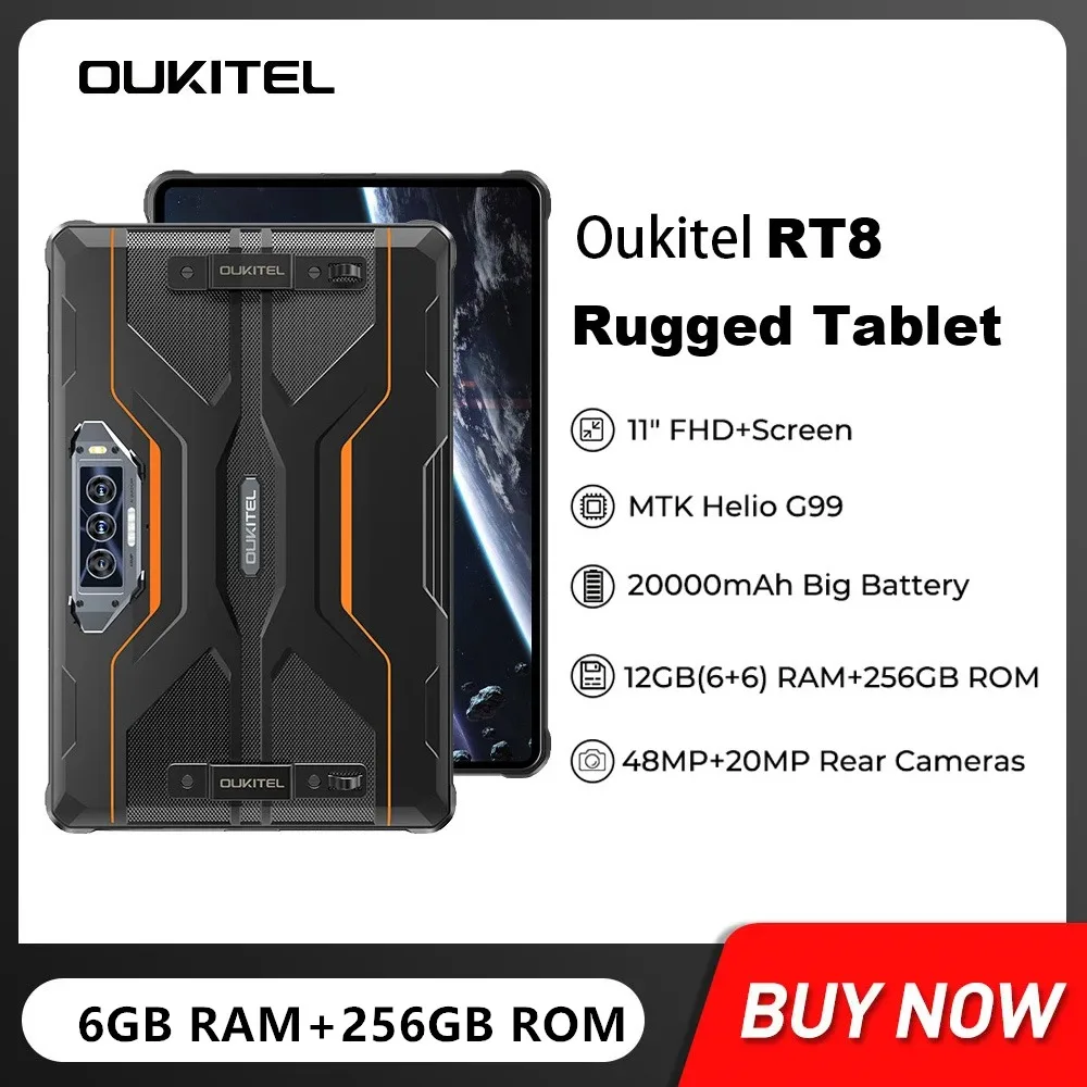 Oukitel RT8 Rugged 4G Tablets 11Inch FHD+ Display Octa Core 6GB+256GB Android 13 Tablet PC 20000mAh 33W 48MP Camera Support NFC