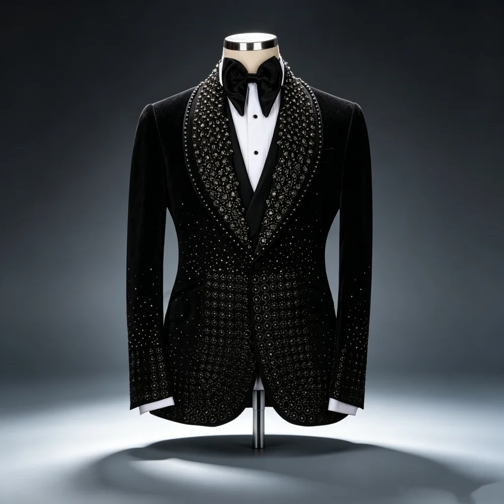 Olibexley Sparkly Black Men Suits Gold Diamond Crystal Beaded Wedding Groom Tuxedos Ropa Hmbre 3 Piece Sets Customized S125