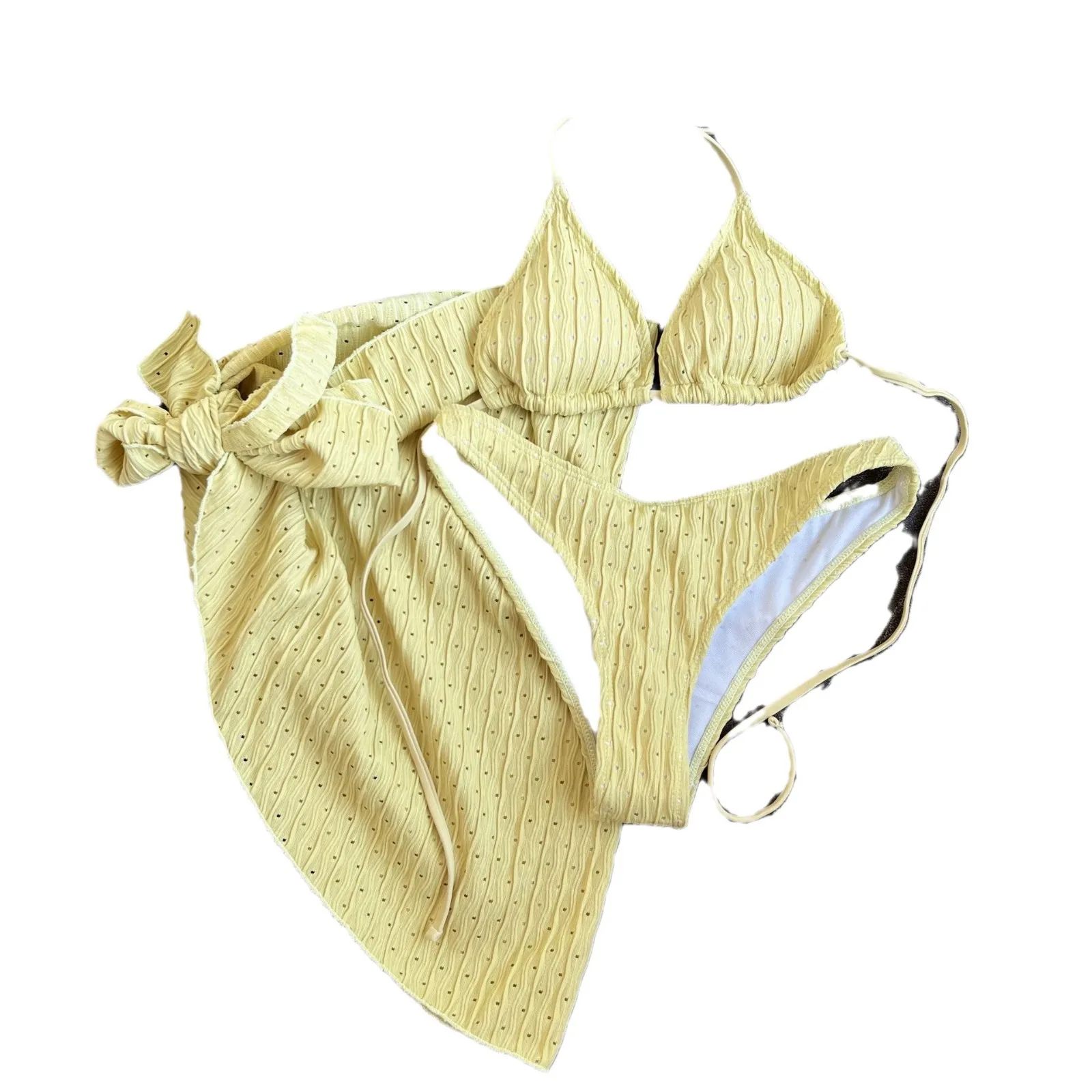 Women Textured 3 Piece Bikini Set Halter Triangle Top Wrap Tie Skirt Cover Up Eyelet Swimwear Bathing Suit for Beach Pool