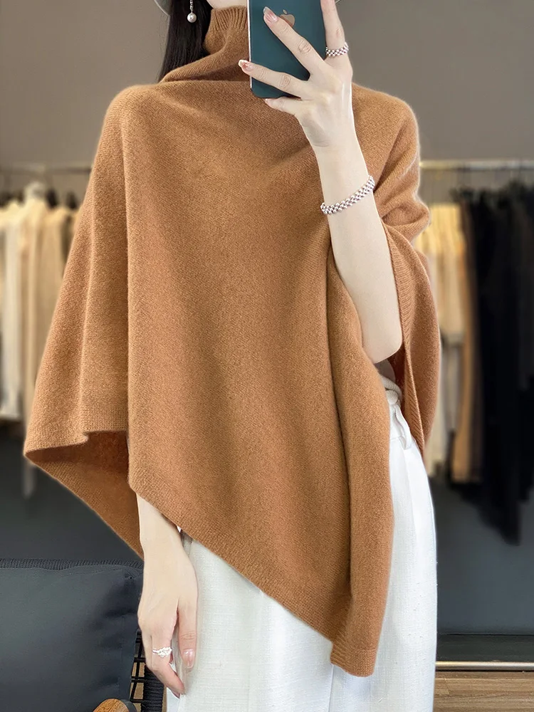 

New Chic Women's Sweater Shawl Heap Collar Wool Pullover Autumn Winter 100% Merino Wool Knitwear Cashmere Soft Simple Cloak