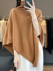 New Chic Women's Sweater Shawl Heap Collar Wool Pullover Autumn Winter 100% Merino Wool Knitwear Cashmere Soft Simple Cloak