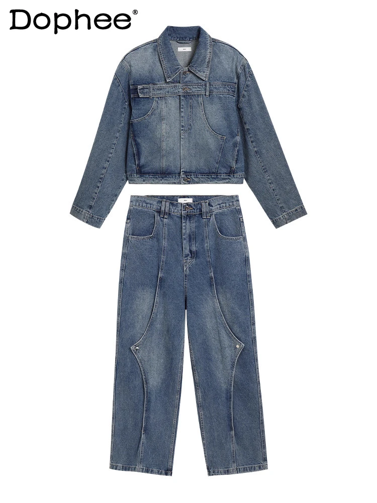 

2025 Men's Autumn New Chic Denim Sets Loose Trend 2pcs Stylish Single Row Multiple Buttons Jackets Jeans Fashion Two-Piece Sets