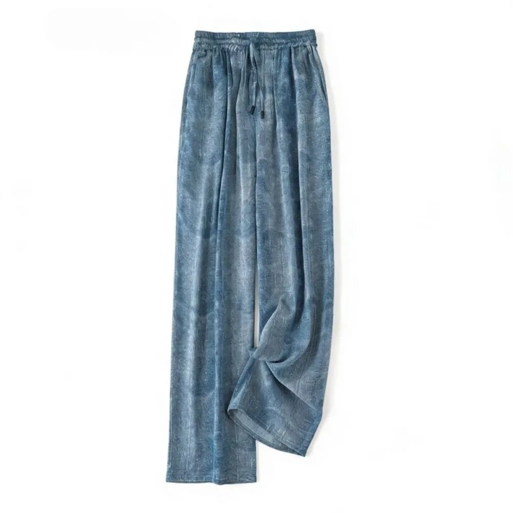 2026 lente nieuwe 95% natuurlijke moerbeizijde elastische dubbele Qiao satijn twee zijzak kant denim print damesbroek met rechte pijpen