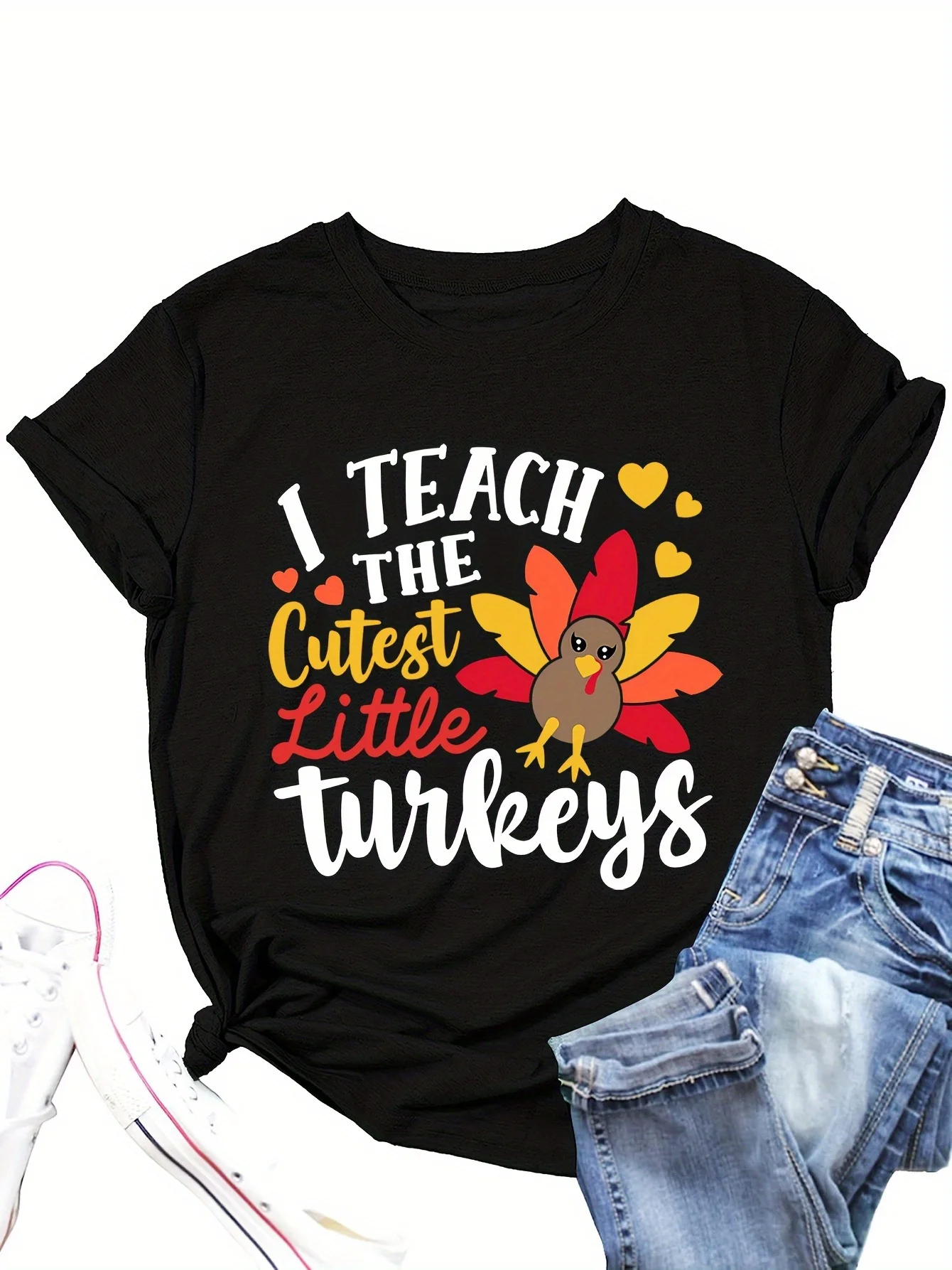 

Women's Funny Thanksgiving Teacher T-Shirt - Cute I Teach the Cutest Little Turkeys Graphic with Turkey & Pilgrim Hat, Lightweight Sh