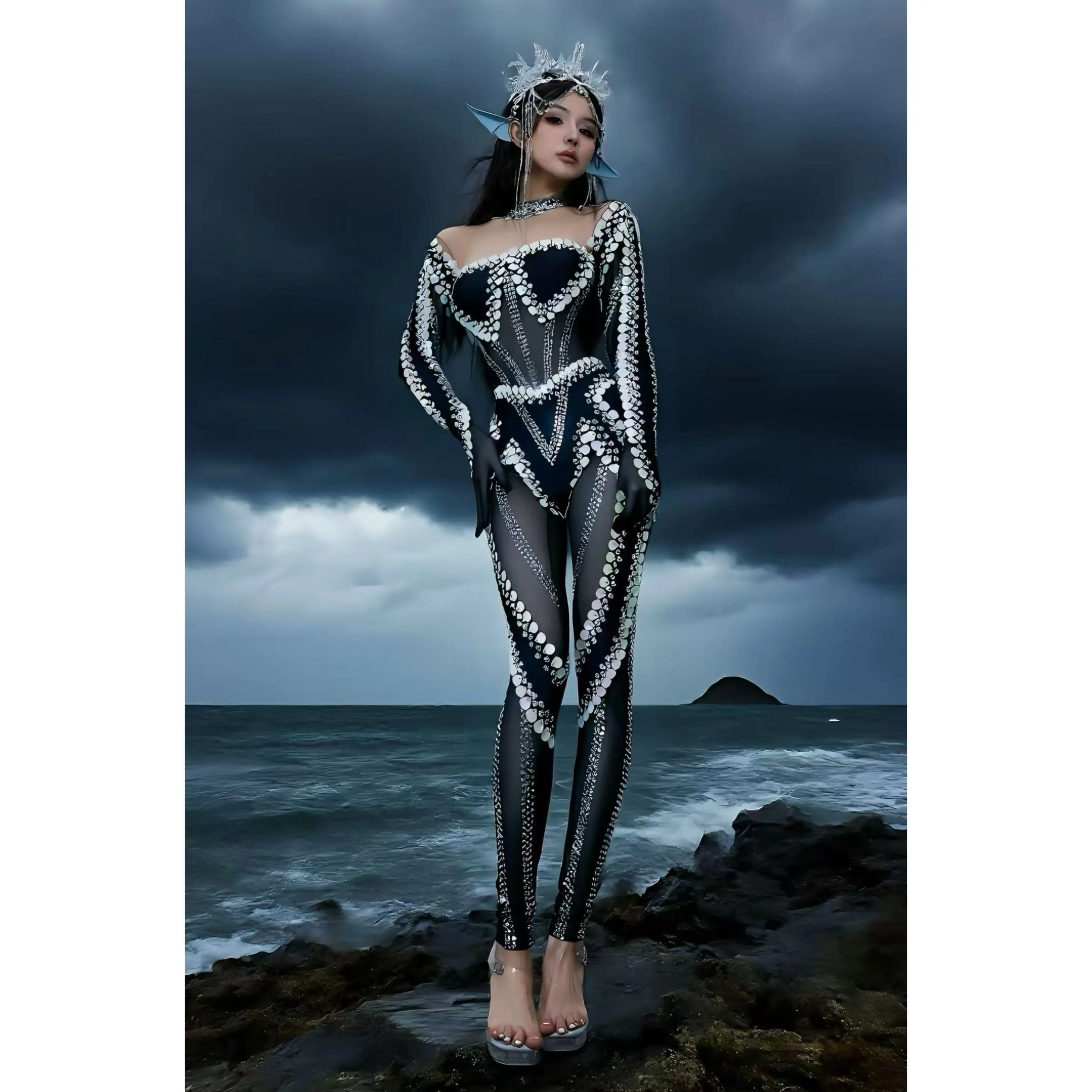 Diamant Mesh Perspektive Langarm Overall Nachtclub DJ Bar Sänger Frauen DS Gogo Tänzer Drag Queen Bühne Kostüme DN21615