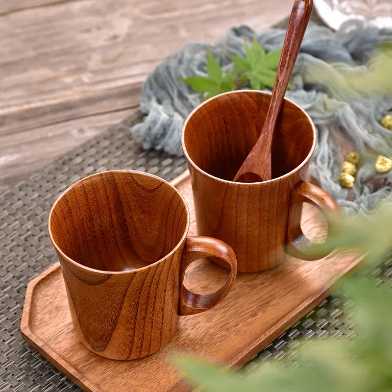 280ml Wooden Big Belly Cups with Handle Japanese Style Retro Handmade Coffee Beer Mugs for Home Office Water Tea Cups Drinkware