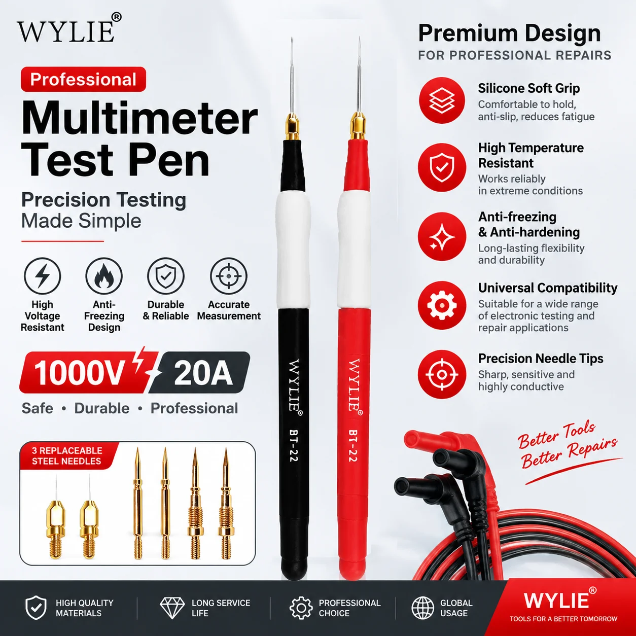 WYLIE BT-22 Extra Tip Multimeter Pen 20A 1000V for Electronics Repair Motherboards Components Current Voltage Testing Probe Tool