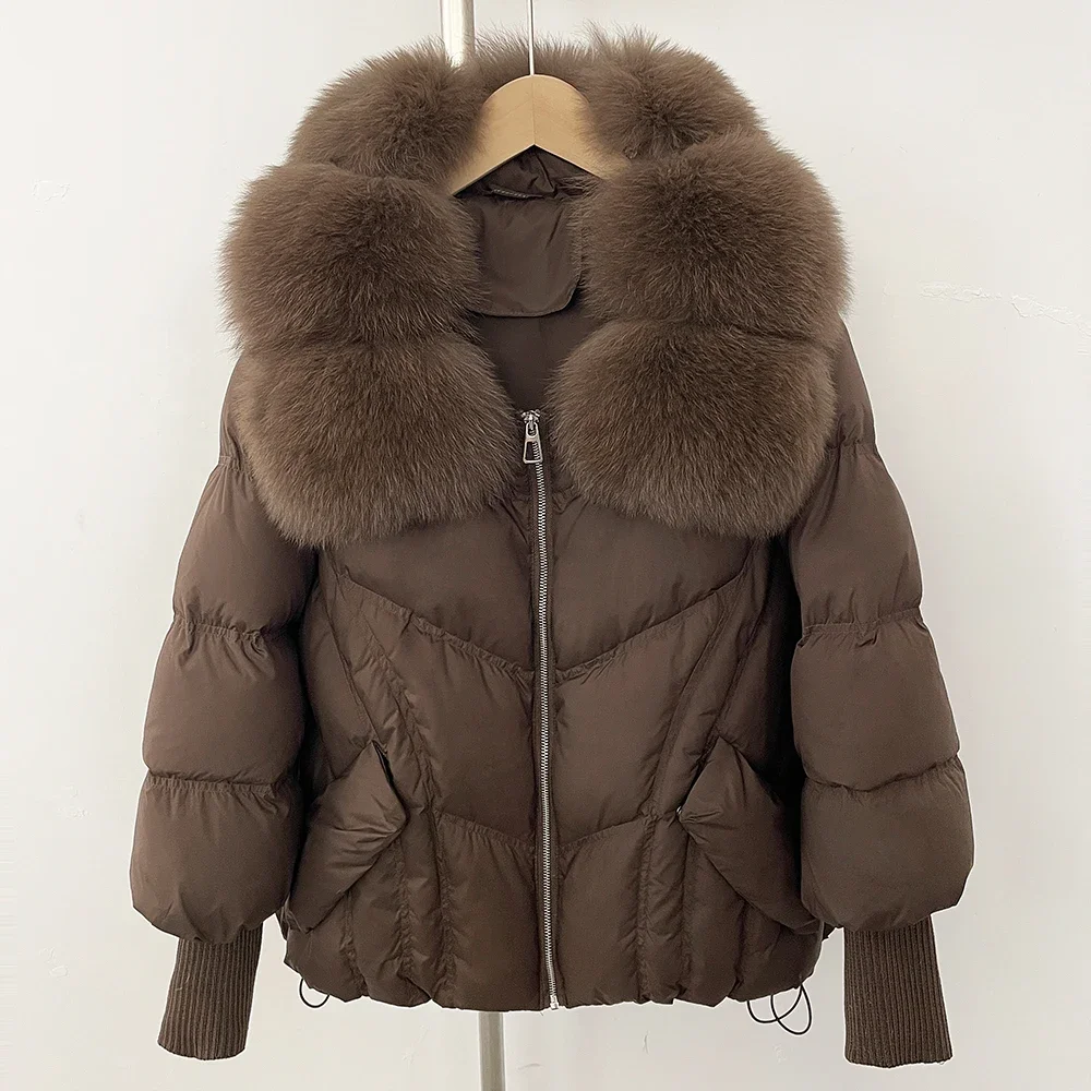 أسفل سترة ملابس حريمي الشتاء الطبيعي الثعلب الفراء طوق دافئ متماسكة الأكمام الفراء الحقيقي موضة سترة منفوخة بطة أسفل معطف الخريف