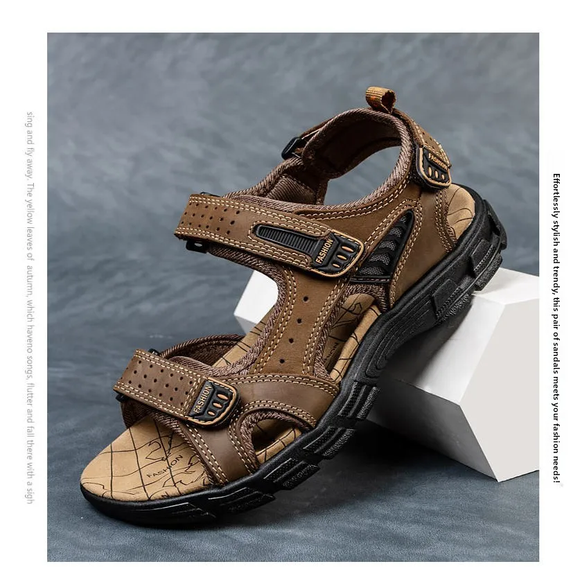 صنادل رجالية من الجلد الطبيعي، أحذية شاطئ جديدة للصيف، أحذية خارجية مضادة للانزلاق، شباشب مريحة وقابلة للتنفس، أحذية كاجوال