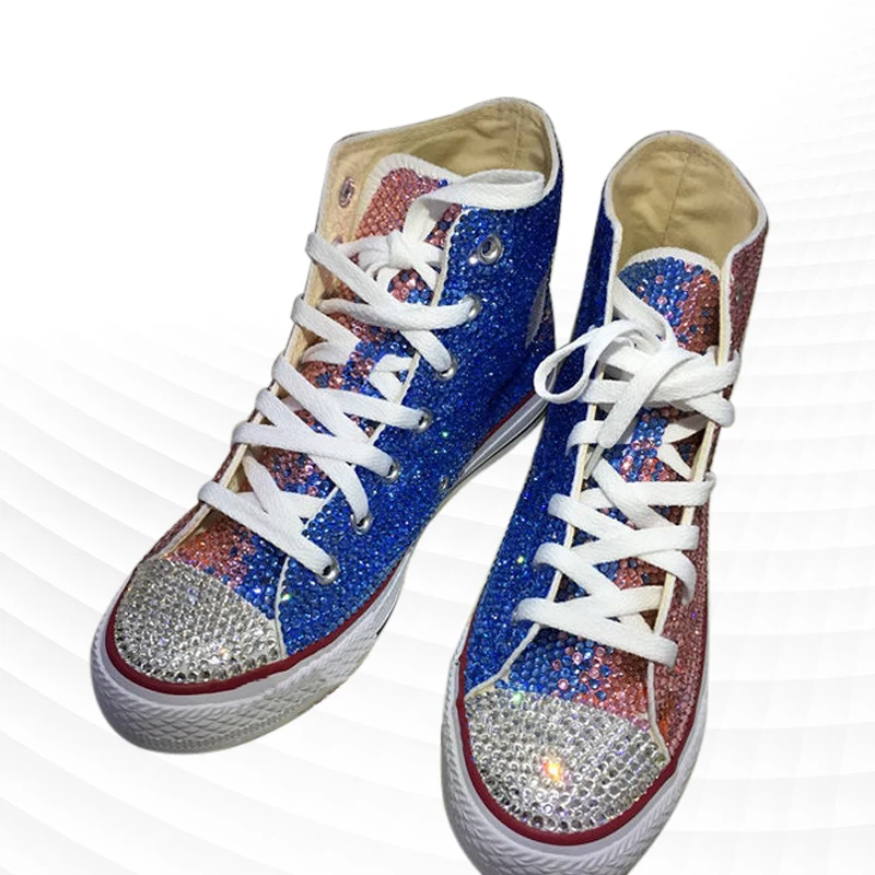 Double spell blue pink high-top canvas shoes comfortable walking sneakers comfortable handmade rhinestone vulcanized shoes 35-46