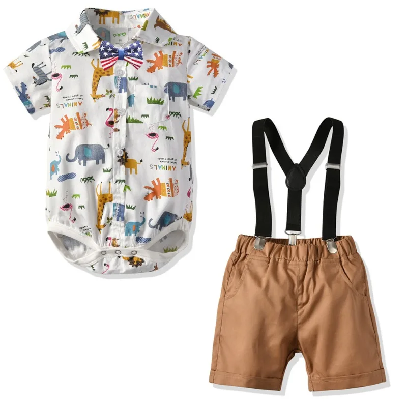 

Dropshipping A Cartoon Print Romper + Suspender Shorts 2 Piece Baby Boys Sets Children Clothes Kids