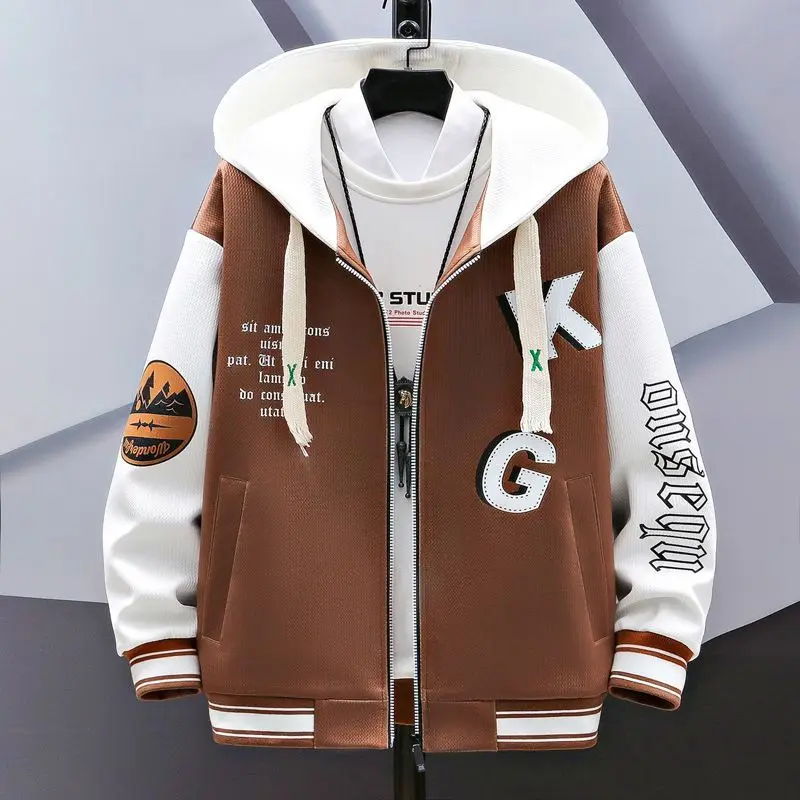 Autumn Winter Youth Coffee Color Gray Baseball Jacket Korean Style Trendy Men's Stylish Casual Patchwork Black Velvet Jacket