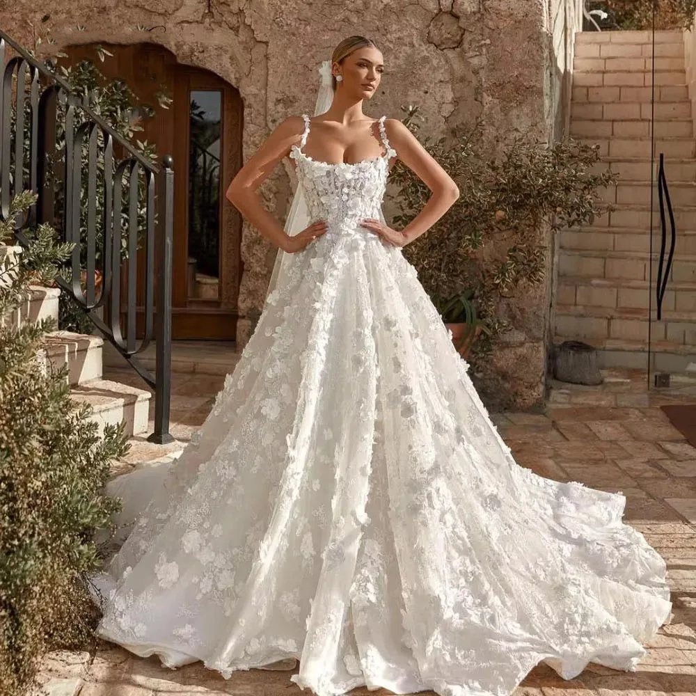 Robes De mariée personnalisées à lacets, élégantes bretelles Spaghetti pour femmes, charmantes robes De mariée avec appliques De fleurs