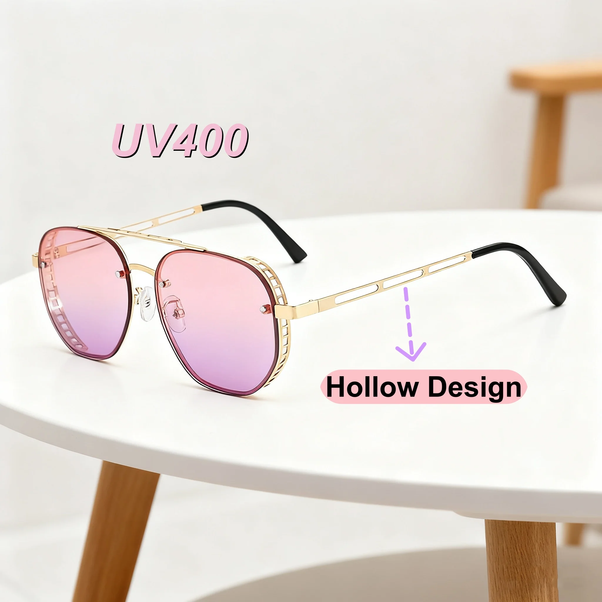 

Retro Luxury Personalized Metal Frame Women's Sunglasses Fashionable Neutral Side Hollow Design UV400 Sunscreen Glasses