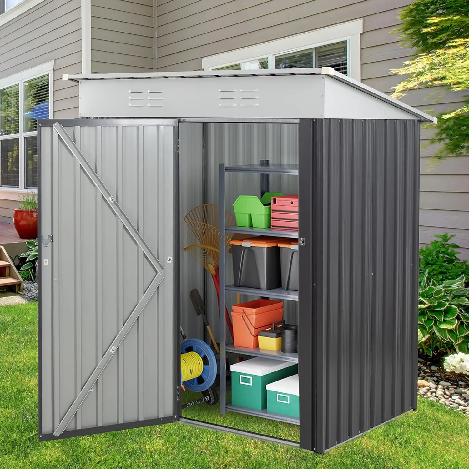 6 x 4 FT Lockable Metal Garden Shed, Steel Storage House Waterproof Tool Shed for Backyard Patio, Lawn and Garden (Dark Gray)