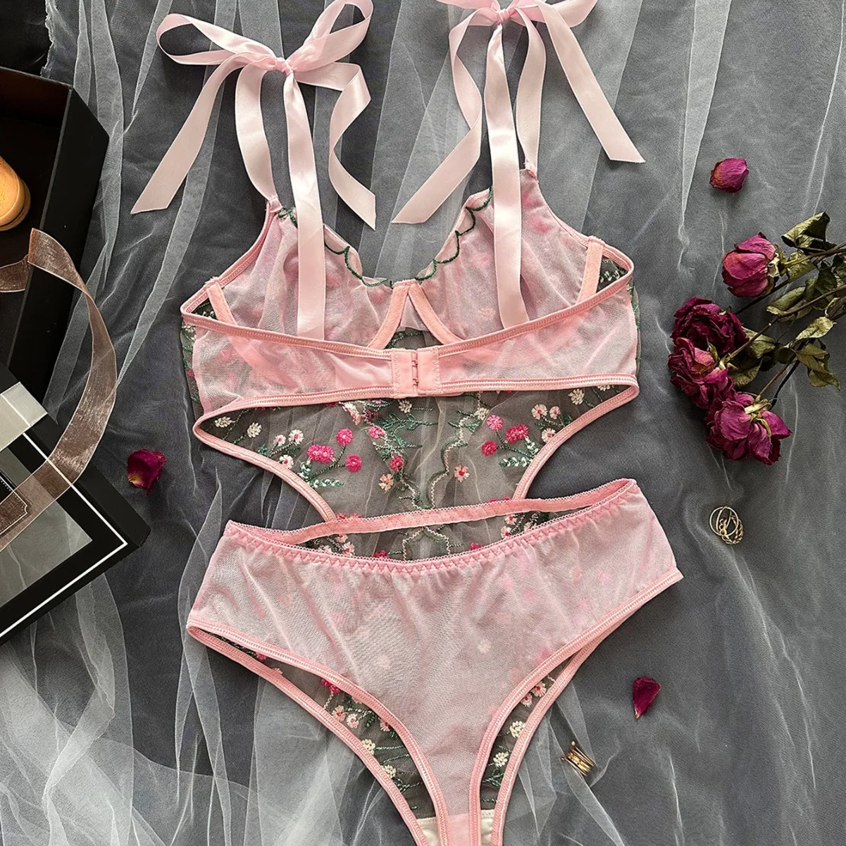 Womens Erotic French Style Floral Embroidery Sensual Mesh See Through Waist Shaping Alluring Charming Premium Erotic Bodysuit