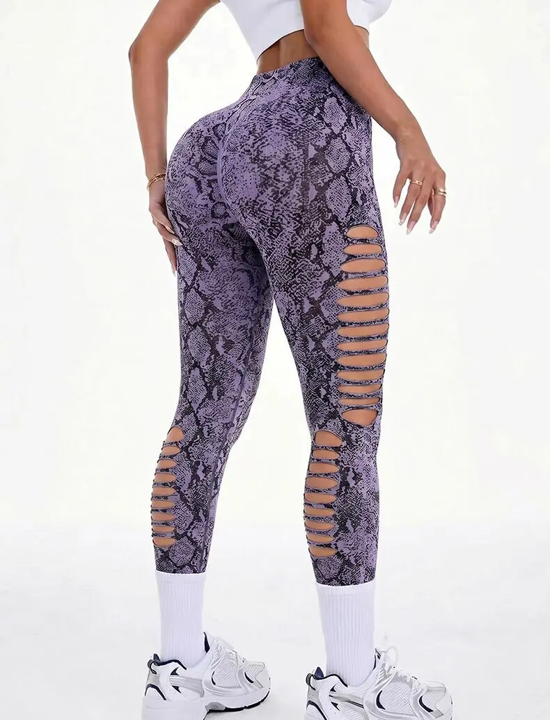 Women's Print Hole Leggings High Waist Cut Out Yoga Pants Butt Lifting Workout Gym Sports Pants Stretch Slim Fitness tights