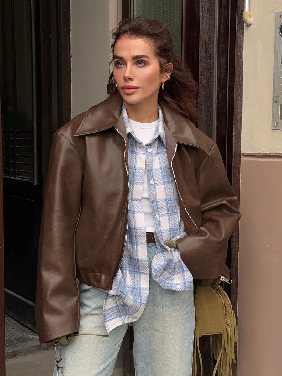 Vintage Lederjacke Frauen Motorrad Kunstleder Kurzmantel Streetwear Herbst Winter Casual PU Umlegekragen Oberbekleidung