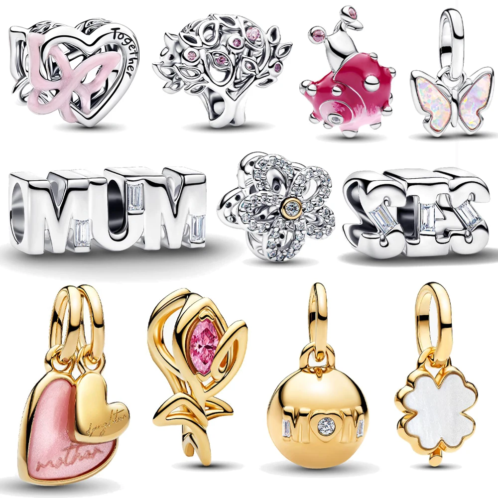 Nova Coleção Dia das Mães: Pingente Dangle 'Eu Te Amo Mamãe' com Tulipa e Borboleta, Compatível com Pulseira Original Pan, Joia DIY Feminina, Presente de Aniversário