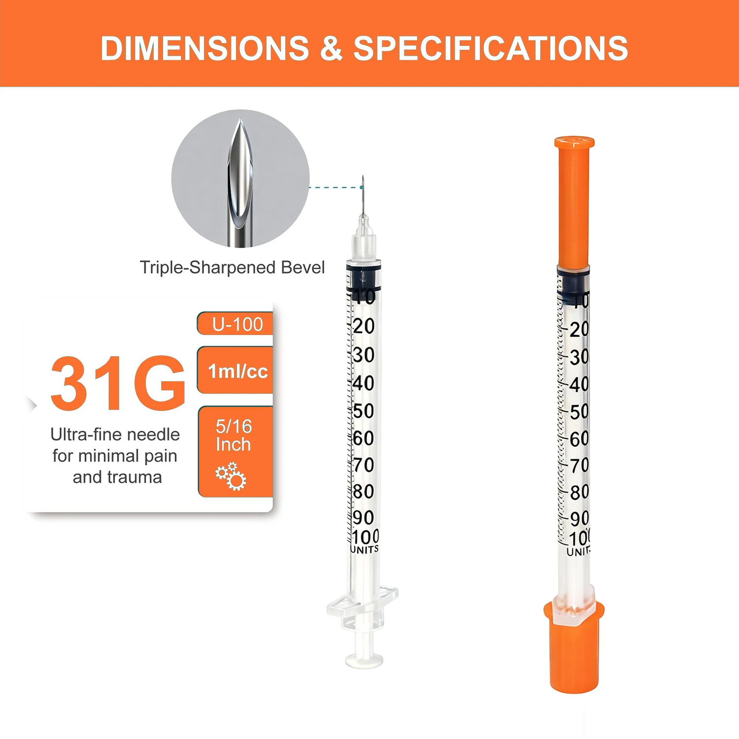 50/100 Stück 1ml/cc 31G 8mm Einweg-Sterile Insulinspritze, Einzeln Verpackt, Ultrafeine Nadel für Katzen & Hunde – Detail 2
