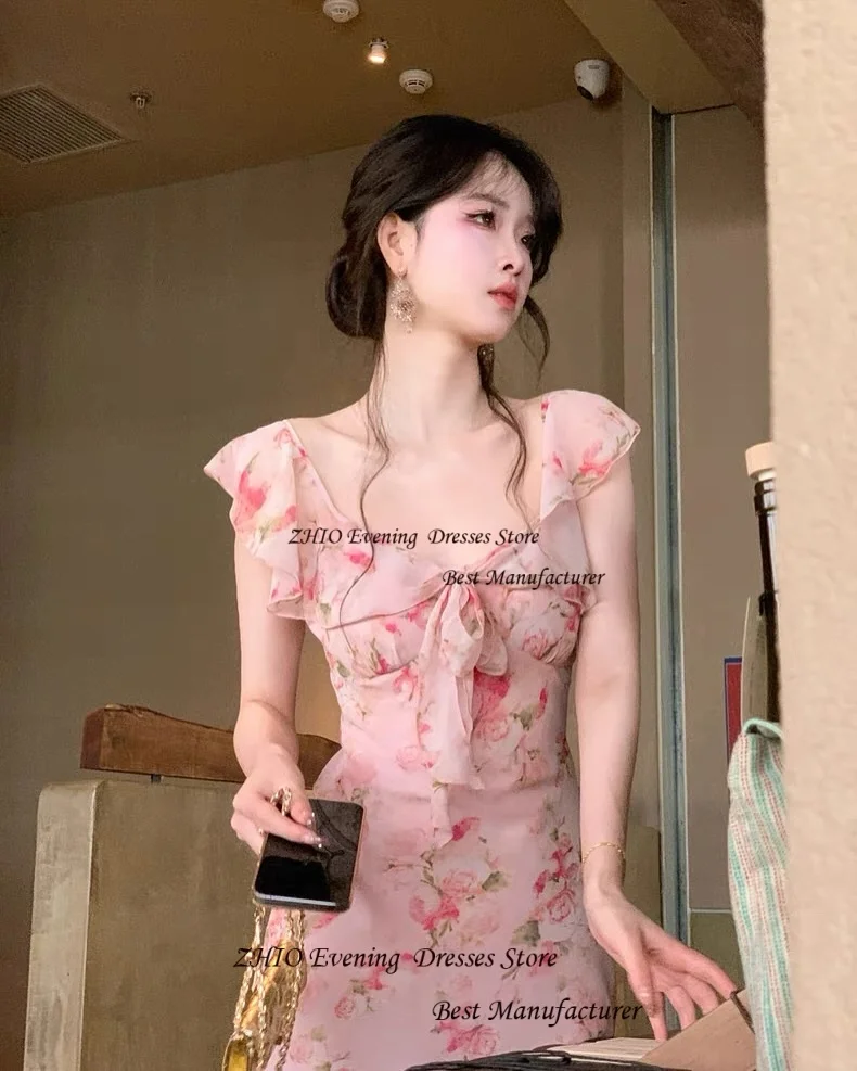 ZHIO عادية الوردي الشيفون الأزهار طباعة قصيرة الأكمام مستقيم ثوب مسائي فستان الكاحل طول الخامس الرقبة عارية الذراعين فساتين حفلات رسمية