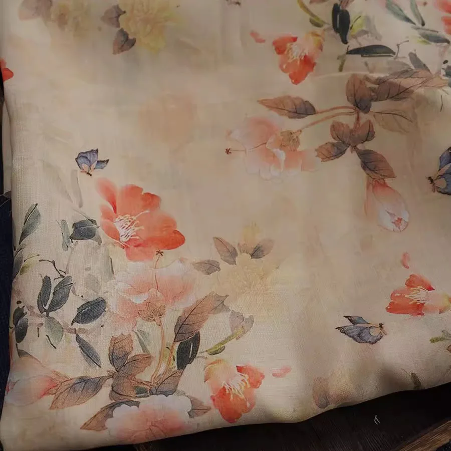 

1 ярд, юбка, платье, рубашка, сумка, ткань Cheongsam, натуральная рами, ткань с принтом красного цветка и бабочки для одежды