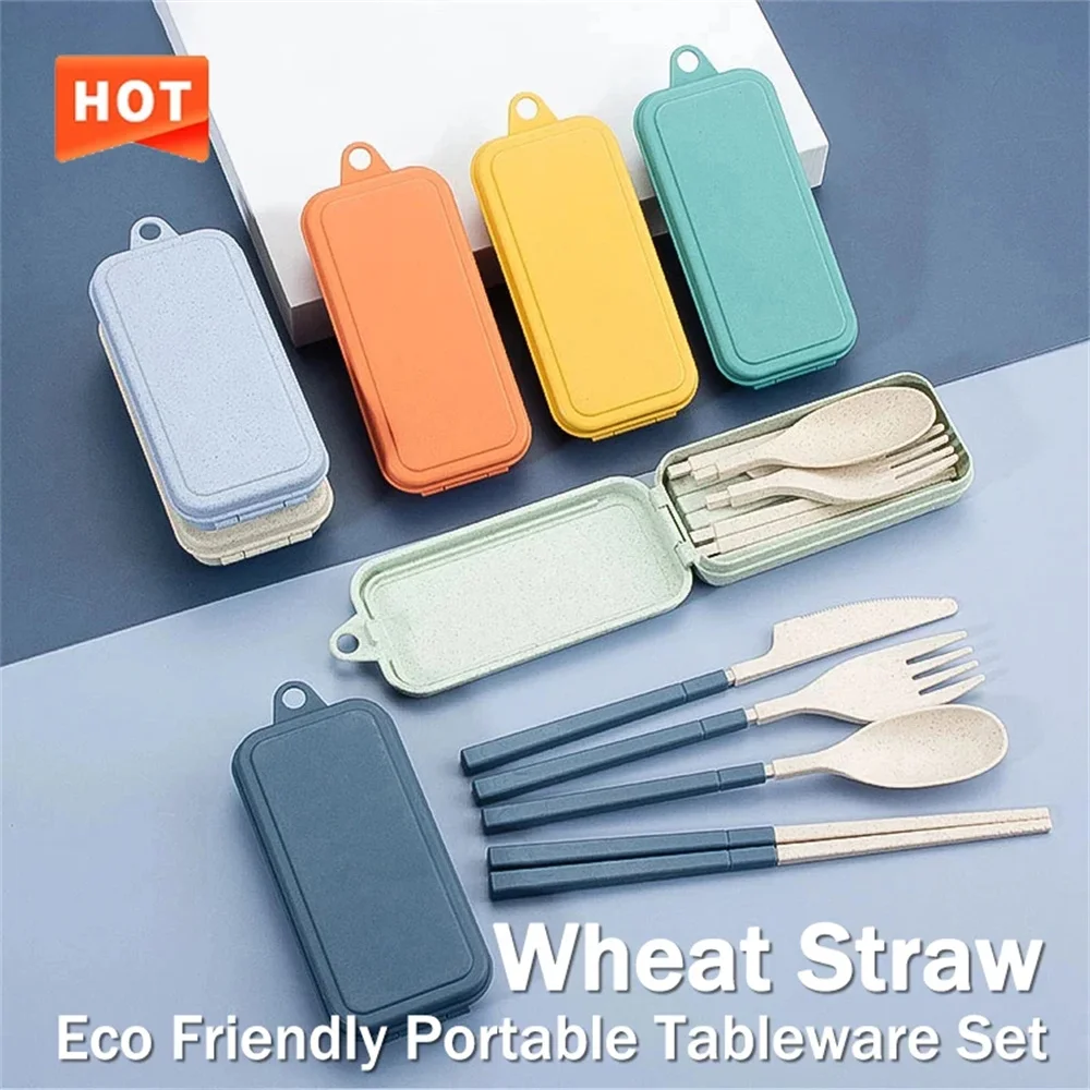 4Pcs Portable Tableware Set Wheat Straw Dinnerware Detachable Cutlery Travel Tableware Picnic Dinnerware Set Camping Cutlery Set