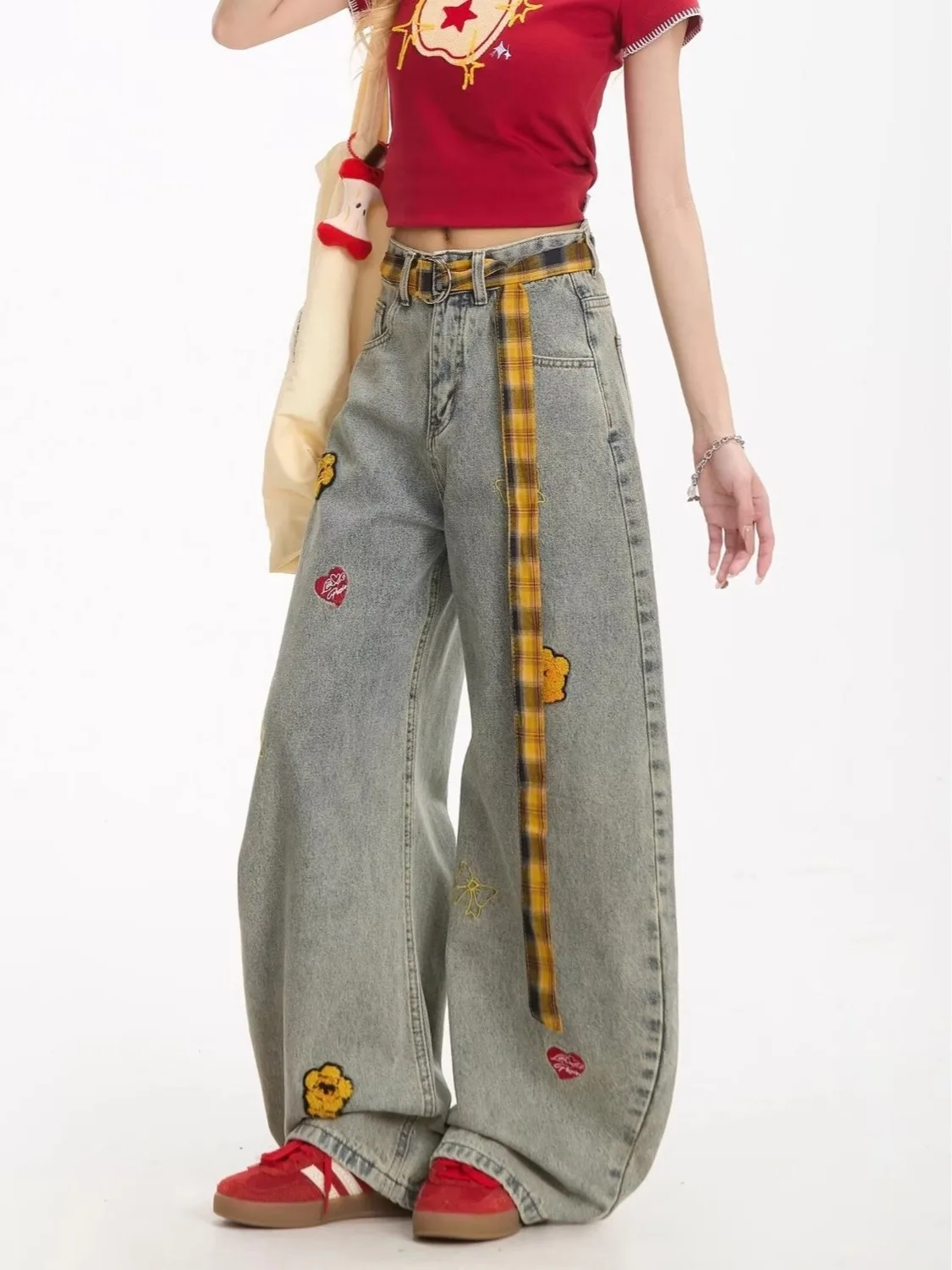 

Ретро американские клетчатые джинсы с поясом, женские свободные широкие брюки длиной до пола, повседневные брюки, новые летние брюки с мультяшной вышивкой