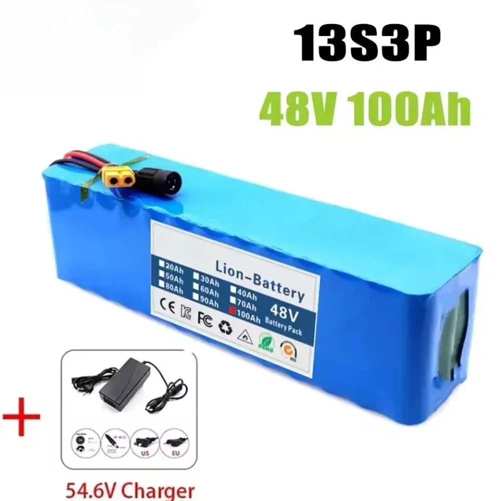 Nieuwe 48V 20Ah 2000W 13S3P DC/T lithium-ionbatterij geschikt voor 48V-motoren met BMS + 54,6V-oplader