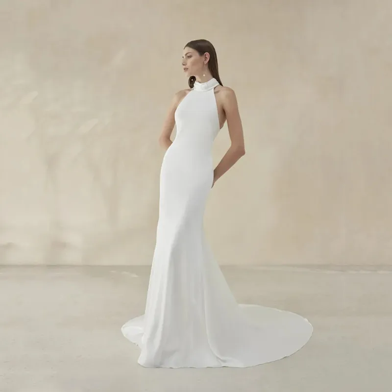 Robe de Mariée Sirène en Satin Blanc, Simple, Sexy, Dos aux, Élégante, avec Traîne de Balayage, Personnalisée, 2025