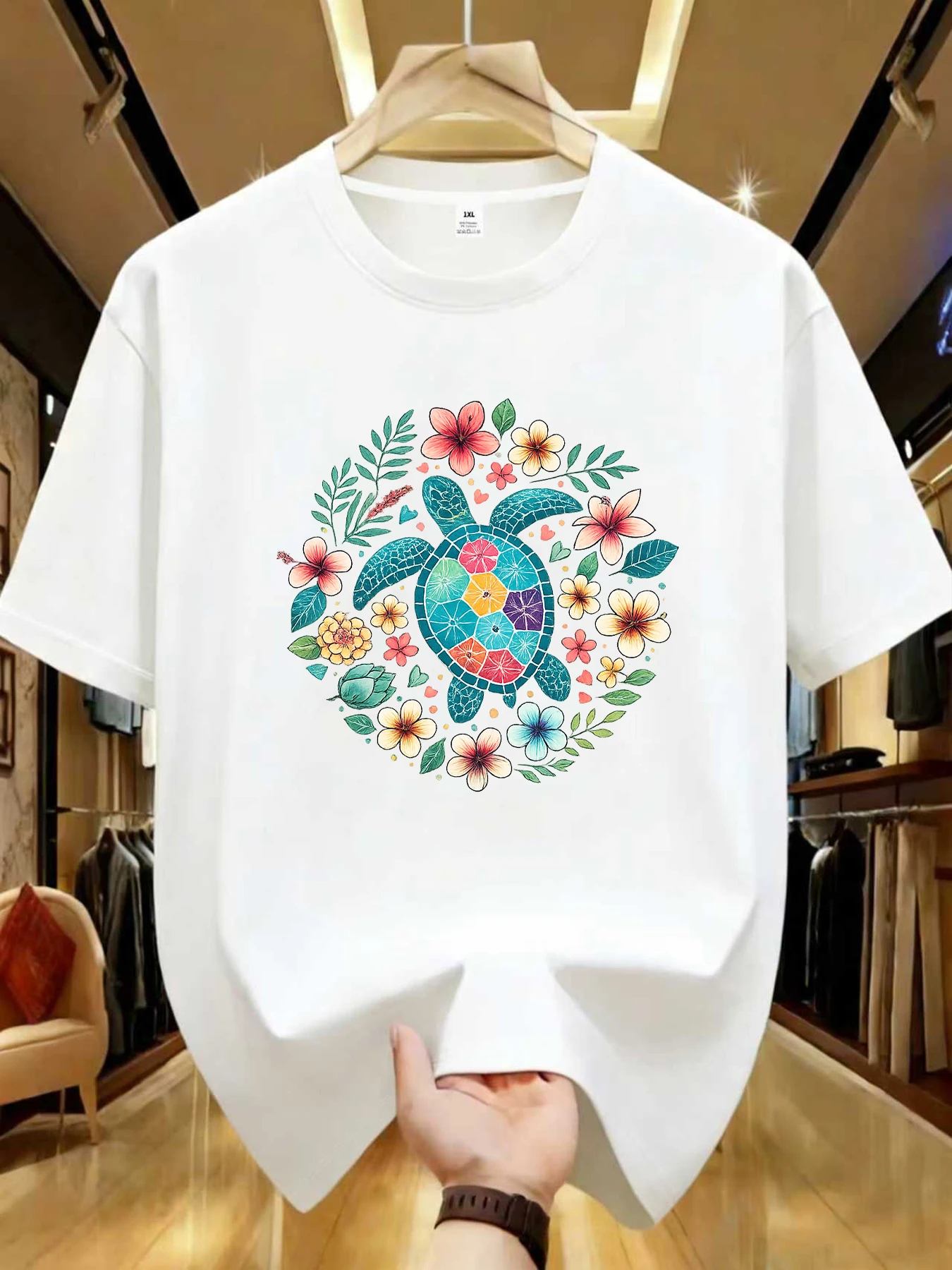 

【WZM105115】Женская футболка больших размеров с креативным принтом черепахи, круглым вырезом, летняя, повседневная, с короткими рукавами, в уличном стиле, универсальная.