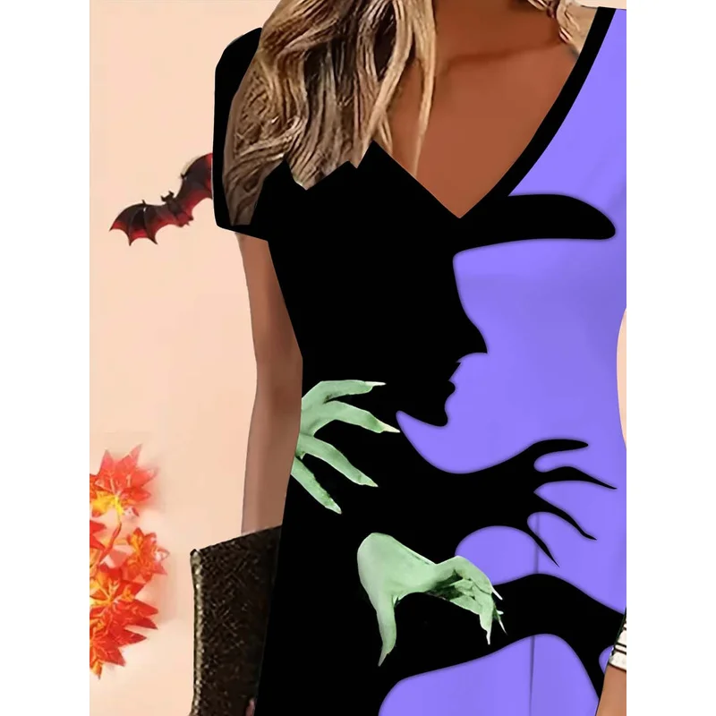 Women's Halloween Summer/Autumn V-neck Dress - Funny Finger Print, Sexy, Slim Fit, Casual, Fashionable, Travel, Ethnic Style