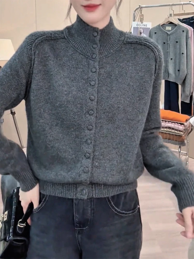 

Корейский вязаный кардиган с высоким воротником, осенне-зимняя новинка, большие размеры, универсальный, стройнящий топ