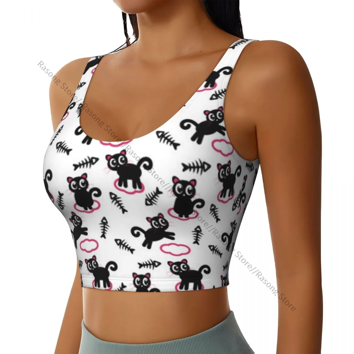 Yoga Vest Women Gym Sports Crop Tops Black Cats On Cloud With Fish Streetwear Workout Breathable Tank Top Female