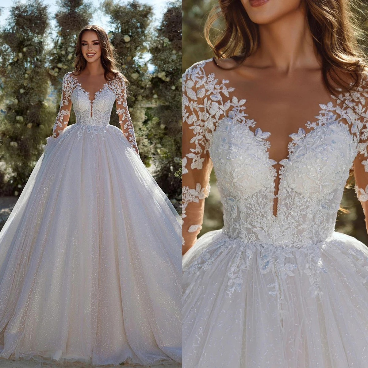 Floral Boho A-Line Wedding Dresses Deep V Neck Appliqued Lace Bridal Gowns Sweep Train Custom Made Beach Robe De Mariée