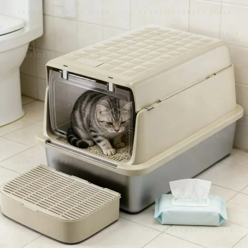 Extra Large Stainless Steel Cat Litter Box  Multi-Function Flip-Top Enclosed Anti-Splashing Cat Toilet  Odor-Removal Kitty Potty
